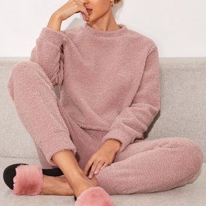 Solid Teddy Top With Pants Lounge Set - Dusty Pink